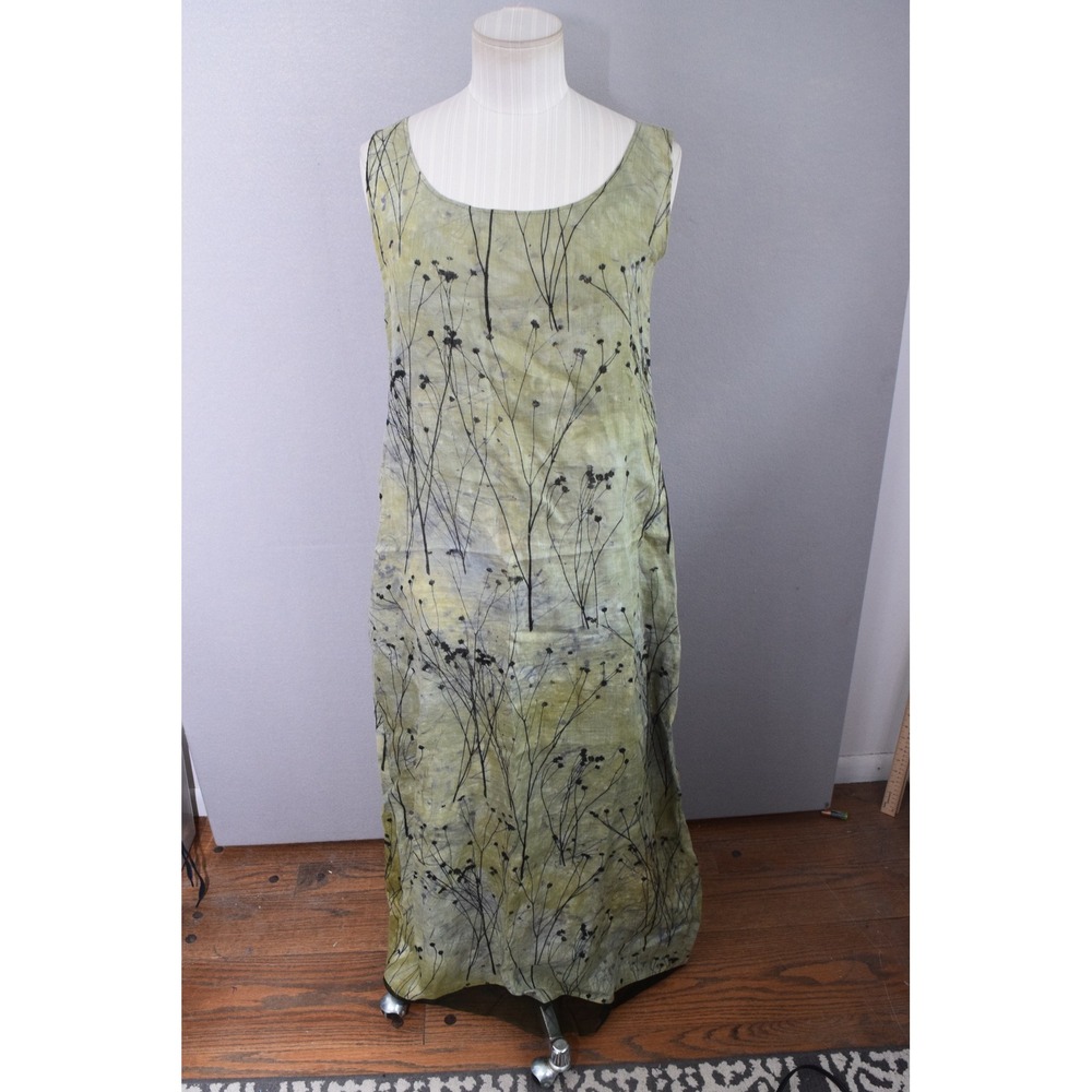 Susan Shinnick Maxi Dress Small Green Botanical Hand Painted Printed Art Linen